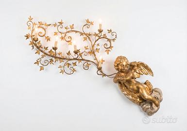 Applique angelo dorato con luci, lampada da parete
