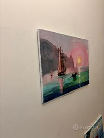 Quadro navale al tramonto dipinto a mano