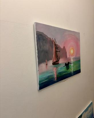 Quadro navale al tramonto dipinto a mano