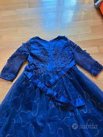 Abito blu con tulle, raso e ricami, misura XS,