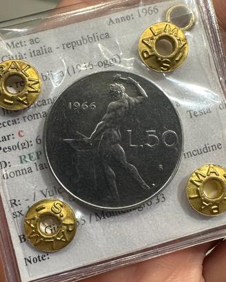 Moneta periziata FDC, 50 lire 1966 Repubblica ITA