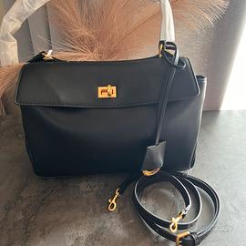 Borsa a spalla grande in vera pelle nera 35 cm