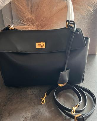 Borsa a spalla grande in vera pelle nera 35 cm