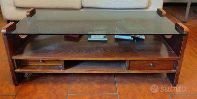 Tavolino vintage in legno e vetro con cassetti