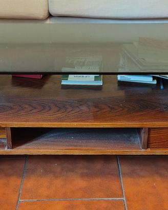 Tavolino vintage in legno e vetro con cassetti