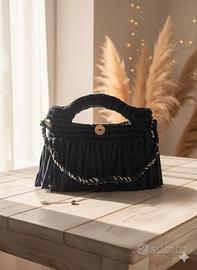 Borsa "Handmade" Blu con Frange all'uncinetto