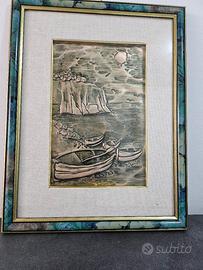 Quadro dipinto disegno su lastra di argento 