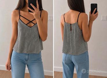 Crop top nero argento lurex spalline incrocio tg S