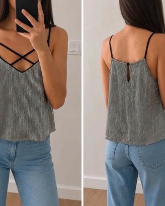 Crop top nero argento lurex spalline incrocio tg S