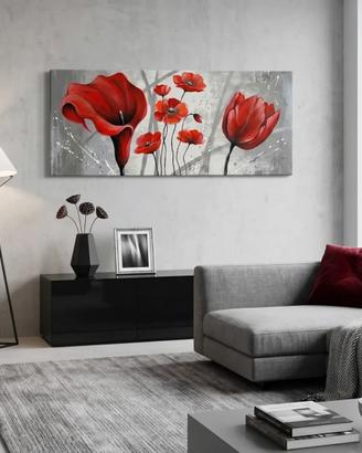 Quadro dipinto a mano fiori rossi 120x50