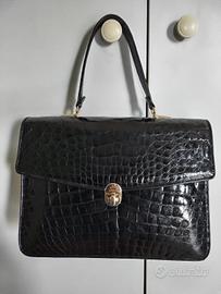 Borsa Vintage in Pelle Stampa Coccodrillo - Nera