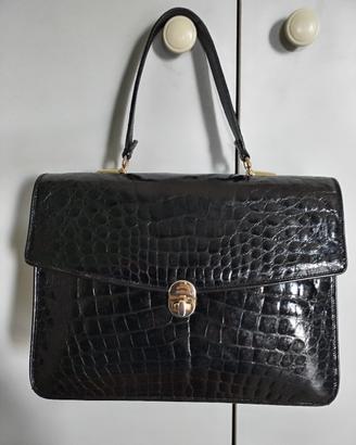 Borsa Vintage in Pelle Stampa Coccodrillo - Nera