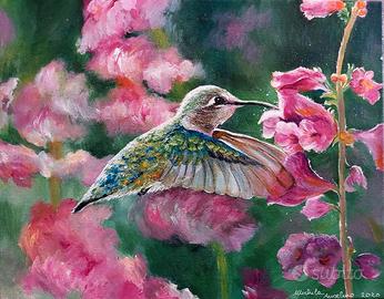 Dipinto su tela, il volo del colibrì