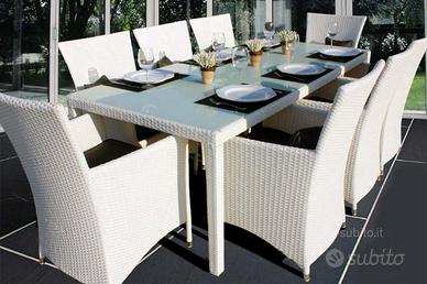 Tavolo 8 poltroncine rattan BIANCO cuscini -17 p
