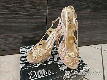 Scarpe sera donna decollete gold oro tacco 12