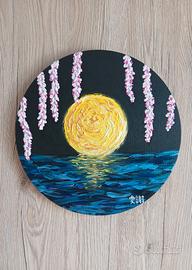 Quadro tondo 3D luna e ciliegio - fatto a mano  