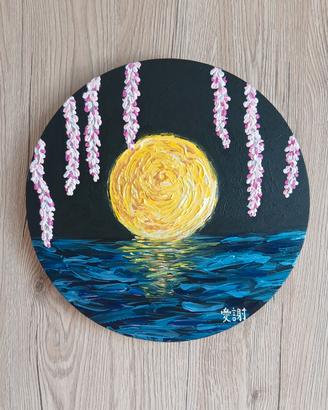 Quadro tondo 3D luna e ciliegio - fatto a mano  