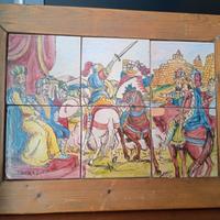 Quadro mattonelle dipinte a mano e legno