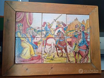 Quadro mattonelle dipinte a mano e legno