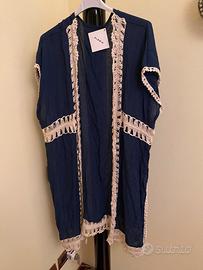 Spolverino blu bordura beige uncinetto tg. Unica