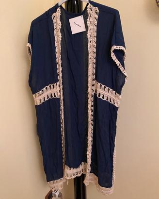 Spolverino blu bordura beige uncinetto tg. Unica