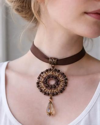 Collana Choker mandala bronzo marrone con perline