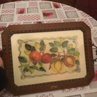 vassoio in legno e vetro antico