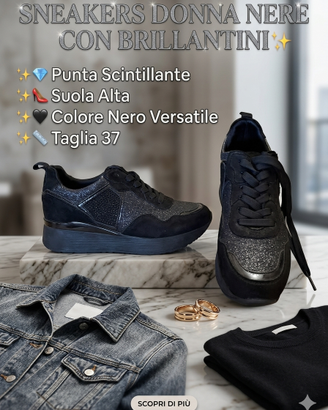 Sneakers donna nere brillantini suola alta tg.37
