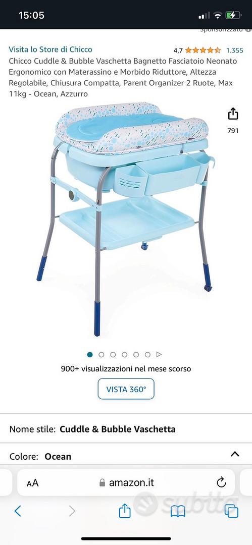 CHICCO Cuddle & Bubble Vaschetta Bagnetto Fasciatoio Neonato Ergonomico con  Materassino e Morbido Riduttore, Altezza Regolabile, Chiusura Compatta,  Parent Organizer 2 Ruote, Max 11kg Ocean, Azzurro