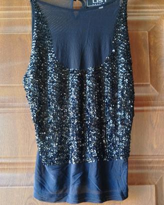 Top nero LIST con paillettes e trasparenze mesh 
