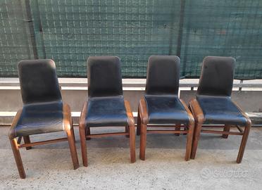 Gruppo di 4 sedie Art decò in legno e pelle