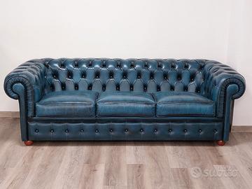 Divano Chesterfield 3 posti in pelle Blu vintage