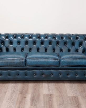 Divano Chesterfield 3 posti in pelle Blu vintage
