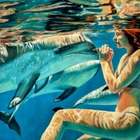 olio grande qualita' XL la  ragazza e il delfino