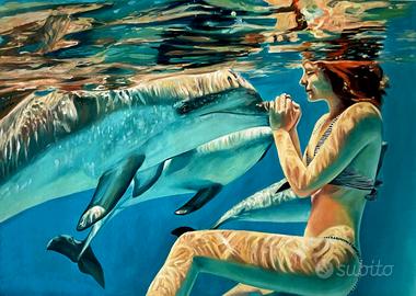 olio grande qualita' XL la  ragazza e il delfino