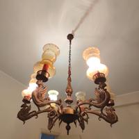 LAMPADARIO VINTAGE IN OTTONE A 6 LUCI CON BOCCE 