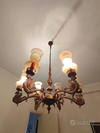 LAMPADARIO VINTAGE IN OTTONE A 6 LUCI CON BOCCE 