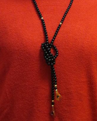 COLLANA lunga onice, fiori corniola argento oro