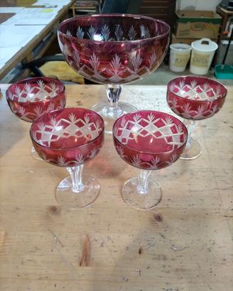 4 BICCHIERI + ALZATINA IN VETRO ROSSO