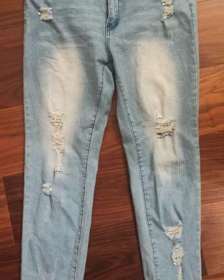 Jeans Denim Brand Sisan con Strass e Strappi