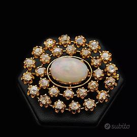 SPILLA VINTAGE ORO 18 KT 750 CON DIAMANTI E OPALE