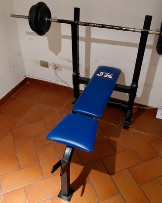 Panca, supporti, bilanciere e dischi in ghisa