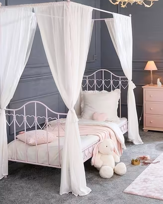 Letto singolo a baldacchino in metallo rosa 90x190