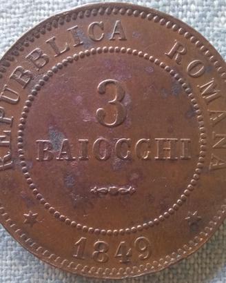 3 baiocchi 1849 Seconda Repubblica Romana