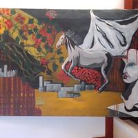 Dipinto metafisico con oggetti e architetture