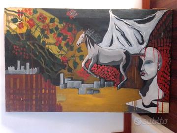 Dipinto metafisico con oggetti e architetture