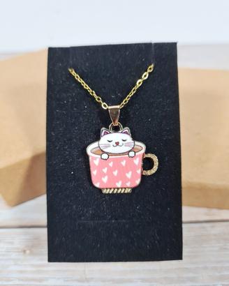 Collana "Meow-chiato" - Gatto in Tazzina Rosa

