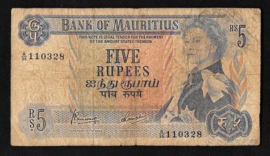 Banconota 5 rupie Mauritius regina Elisabetta