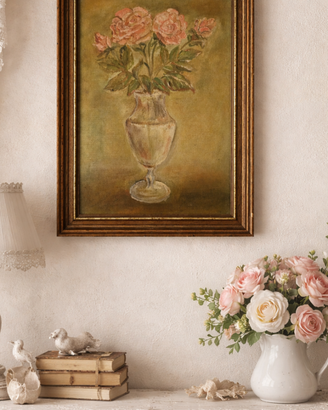 Quadro vintage fiori rose dipinto  shabby chic