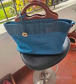Borsa donna blu  con manici in legno nuova